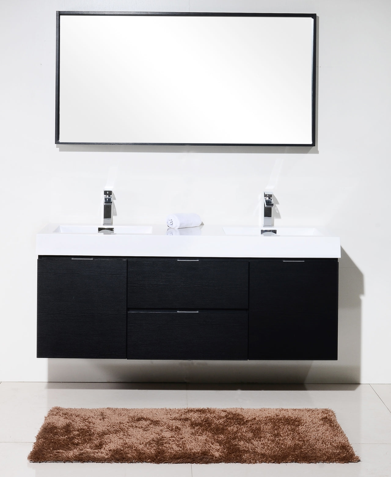 Bliss 60" Wood Black Wall Mount  Double Sink Modern Bathroom Vanity