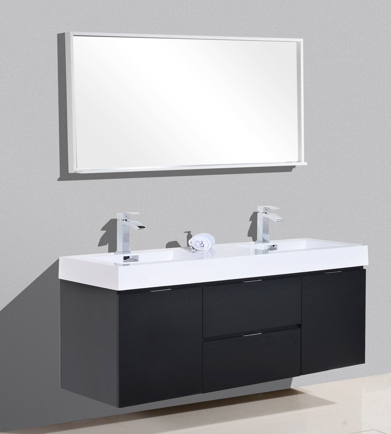 Bliss 60" Wood Black Wall Mount  Double Sink Modern Bathroom Vanity