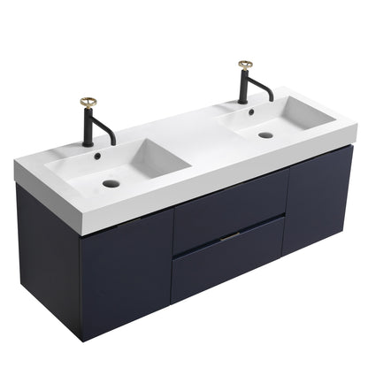 Bliss 60" Wood Navy Blue Wall Mount  Double Sink Modern Bathroom Vanity