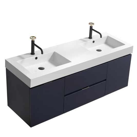 Bliss 60" Wood Navy Blue Wall Mount  Double Sink Modern Bathroom Vanity