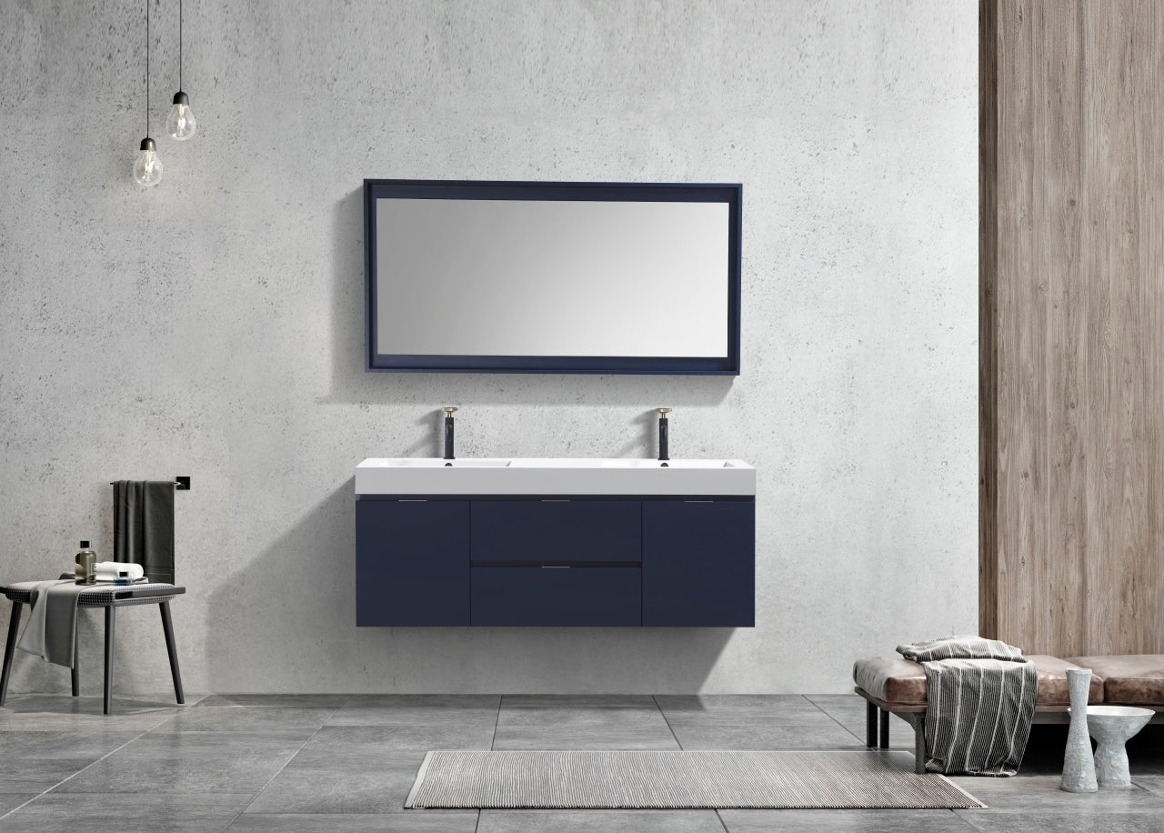Bliss 60" Wood Navy Blue Wall Mount  Double Sink Modern Bathroom Vanity