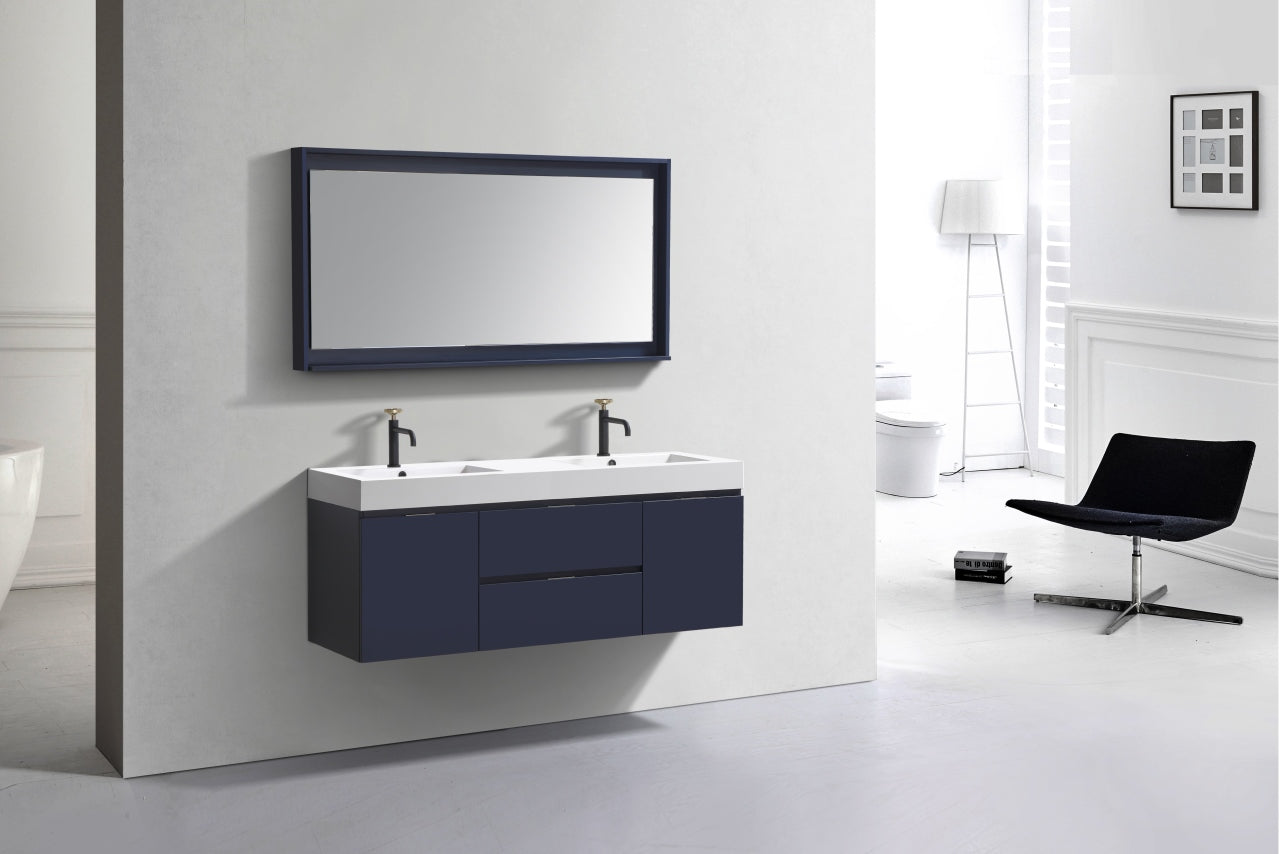 Bliss 60" Wood Navy Blue Wall Mount  Double Sink Modern Bathroom Vanity