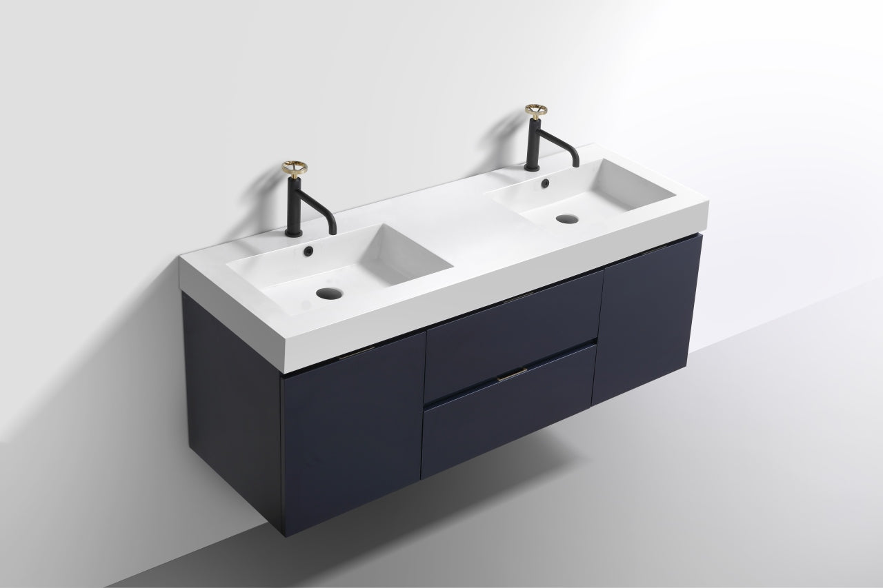 Bliss 60" Wood Navy Blue Wall Mount  Double Sink Modern Bathroom Vanity