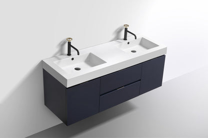 Bliss 60" Wood Navy Blue Wall Mount  Double Sink Modern Bathroom Vanity