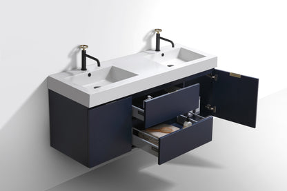 Bliss 60" Wood Navy Blue Wall Mount  Double Sink Modern Bathroom Vanity