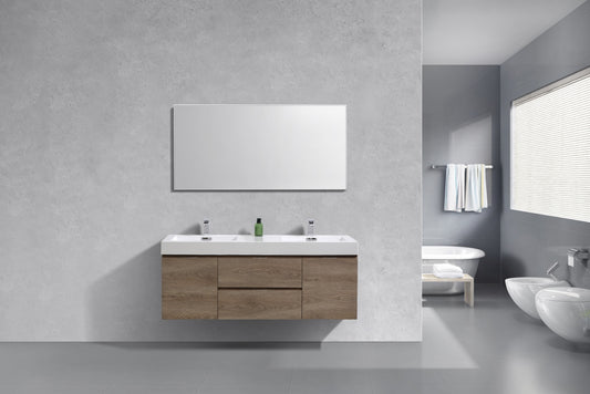 Bliss 60" Butternut Wood Wall Mount Double Sink Modern Bathroom Vanity