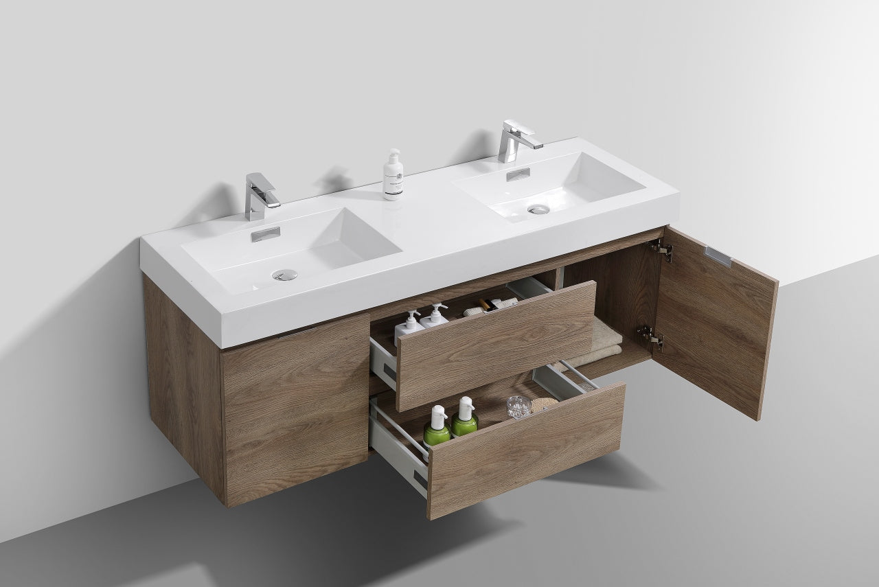 Bliss 60" Butternut Wood Wall Mount Double Sink Modern Bathroom Vanity