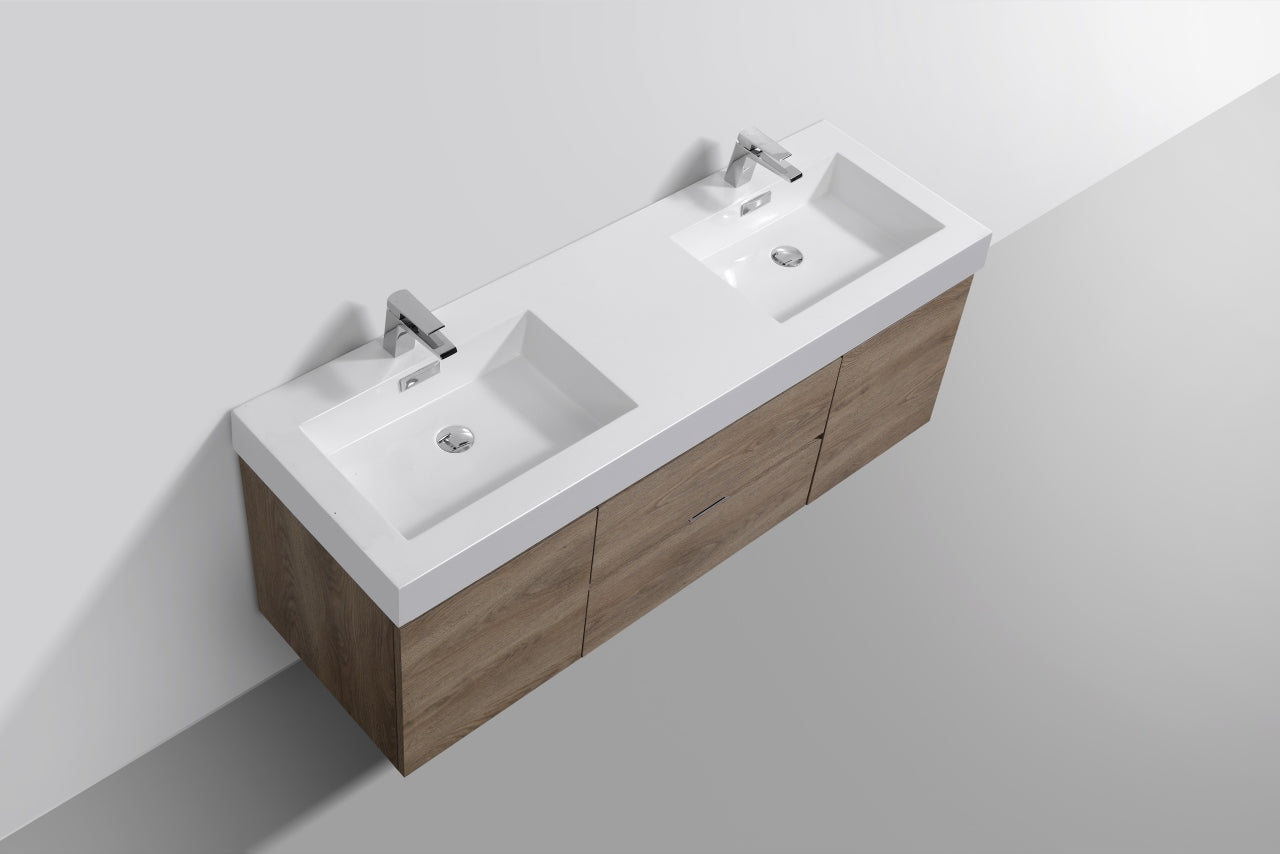 Bliss 60" Butternut Wood Wall Mount Double Sink Modern Bathroom Vanity