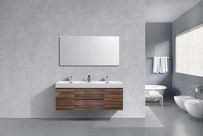 Bliss 60" Danish Teak Wall Mount Double Sink Modern Bathroom Vanity