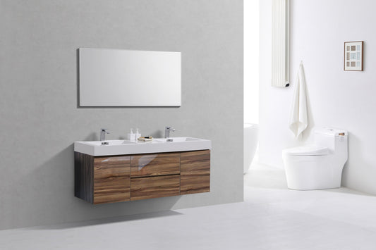 Bliss 60" Danish Teak Wall Mount Double Sink Modern Bathroom Vanity