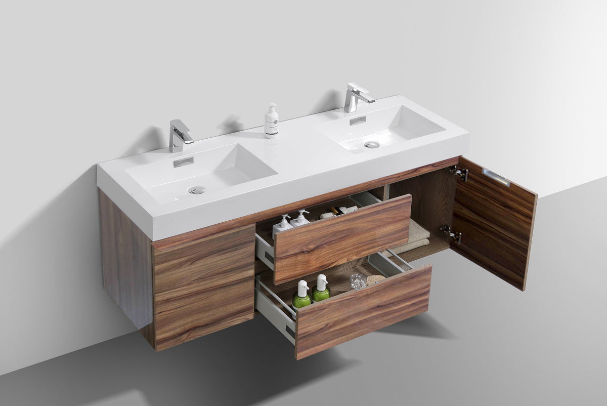 Bliss 60" Danish Teak Wall Mount Double Sink Modern Bathroom Vanity