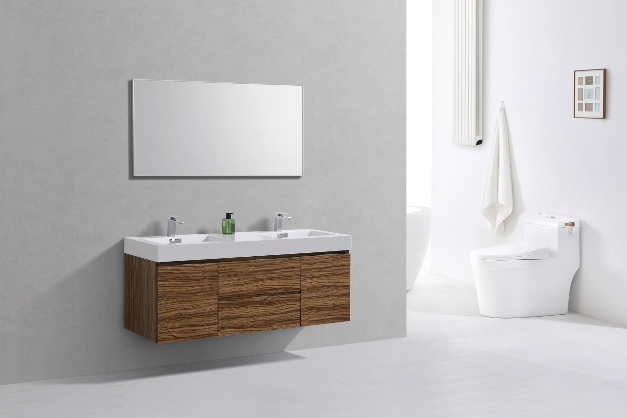 Bliss 60" High Glossy Chestnut Wood Wall Mount  Double Sink Modern Bathroom Vanity