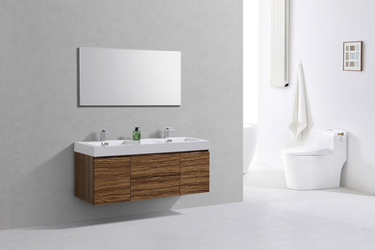 Bliss 60" High Glossy Chestnut Wood Wall Mount  Double Sink Modern Bathroom Vanity
