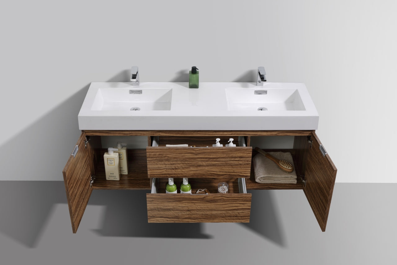 Bliss 60" High Glossy Chestnut Wood Wall Mount  Double Sink Modern Bathroom Vanity