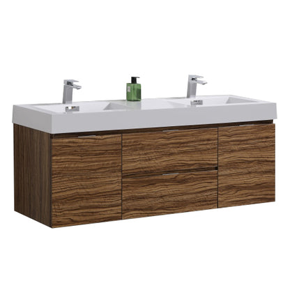 Bliss 60" High Glossy Chestnut Wood Wall Mount  Double Sink Modern Bathroom Vanity
