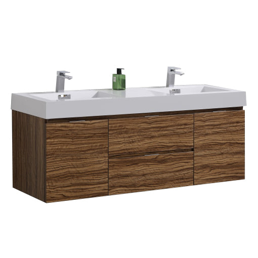 Bliss 60" High Glossy Chestnut Wood Wall Mount  Double Sink Modern Bathroom Vanity