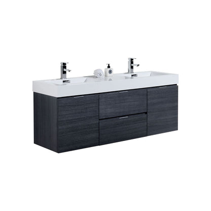 Bliss 60" Gray Oak Wall Mount  Double Sink Modern Bathroom Vanity