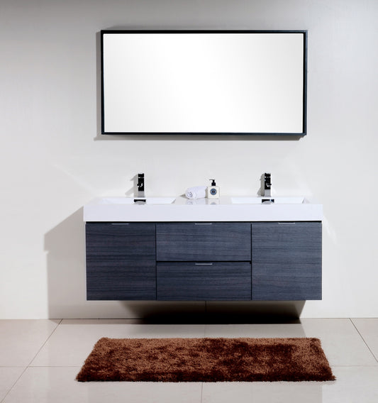 Bliss 60" Gray Oak Wall Mount  Double Sink Modern Bathroom Vanity