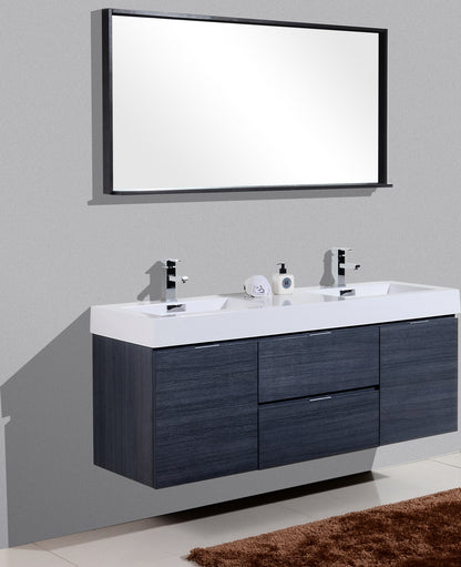 Bliss 60" Gray Oak Wall Mount  Double Sink Modern Bathroom Vanity