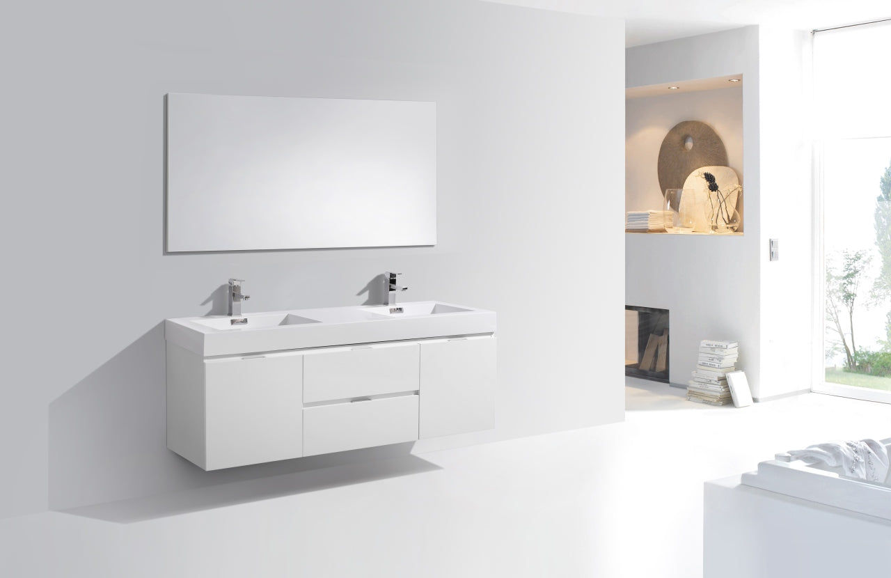 Bliss 60" High Gloss White Wall Mount Double Sink Modern Bathroom Vanity