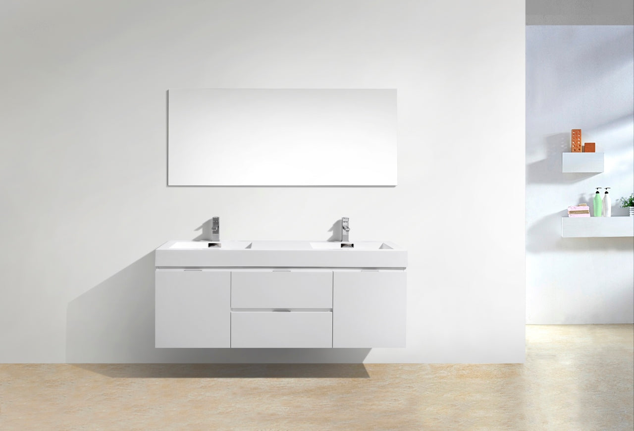 Bliss 60" High Gloss White Wall Mount Double Sink Modern Bathroom Vanity