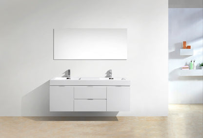 Bliss 60" High Gloss White Wall Mount Double Sink Modern Bathroom Vanity