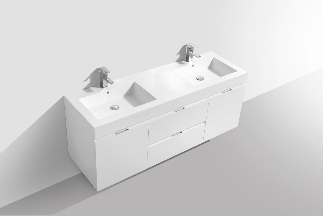 Bliss 60" High Gloss White Wall Mount Double Sink Modern Bathroom Vanity