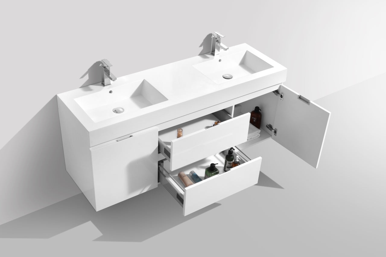 Bliss 60" High Gloss White Wall Mount Double Sink Modern Bathroom Vanity