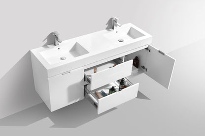 Bliss 60" High Gloss White Wall Mount Double Sink Modern Bathroom Vanity