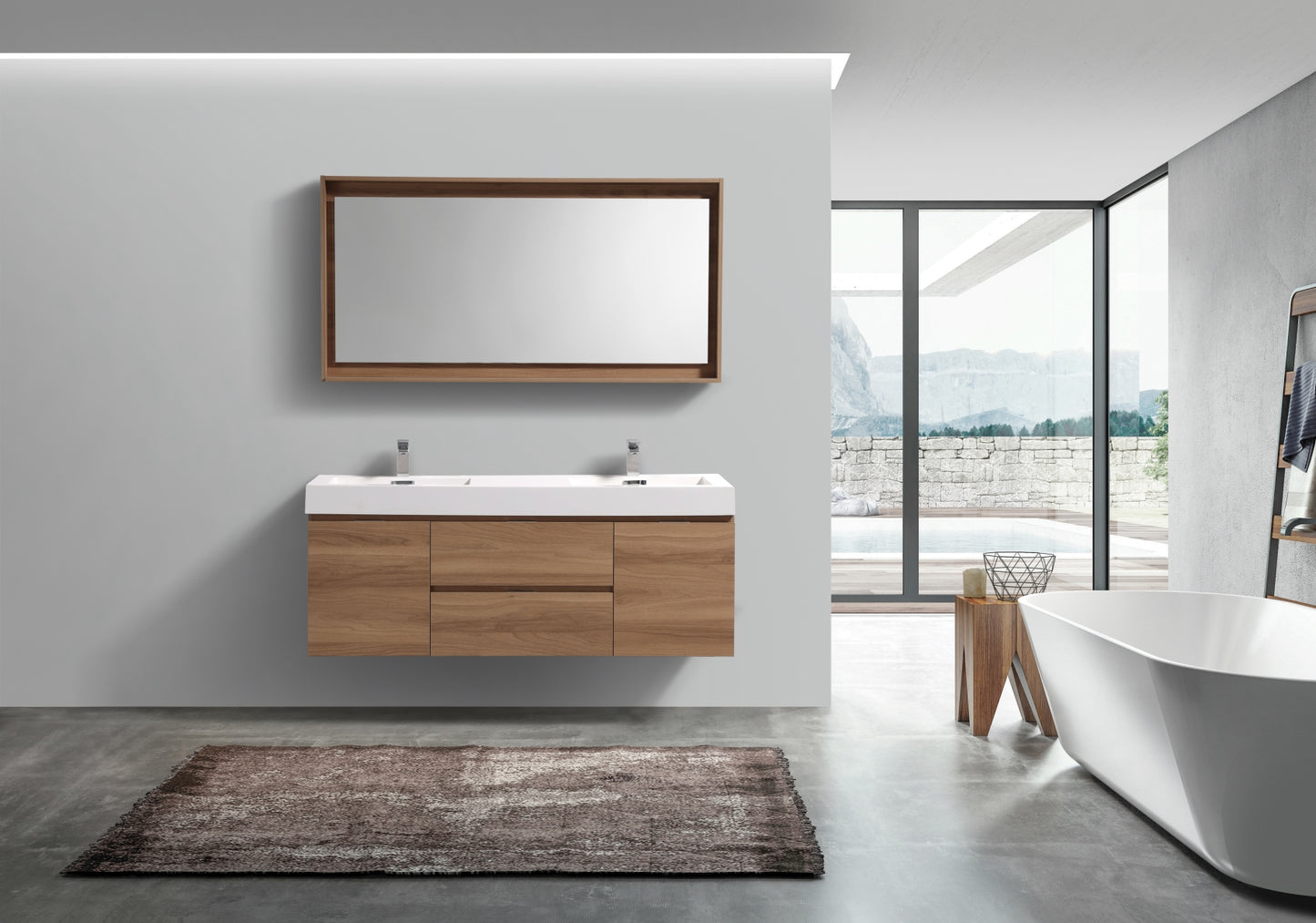 Bliss 60" Honey Oak Wall Mount  Double Sink Modern Bathroom Vanity