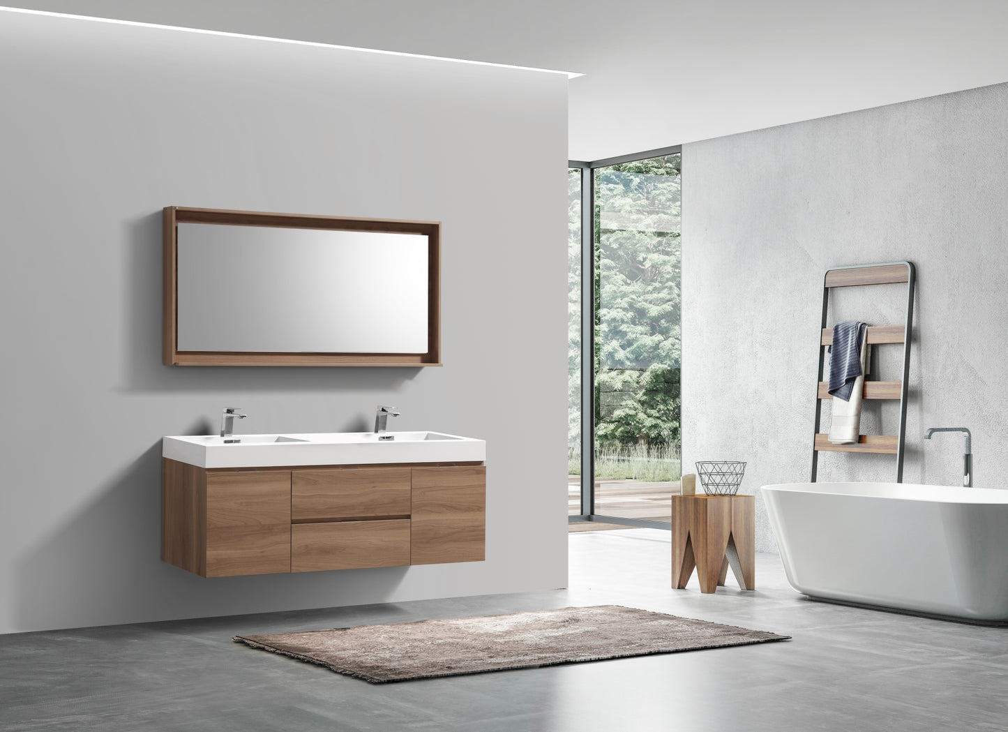 Bliss 60" Honey Oak Wall Mount  Double Sink Modern Bathroom Vanity
