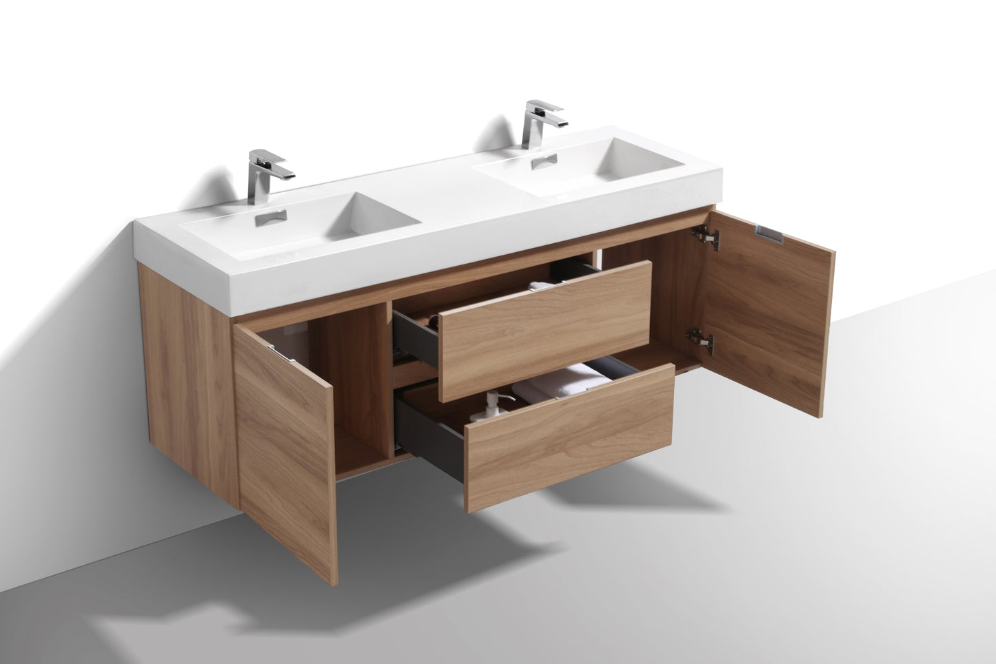 Bliss 60" Honey Oak Wall Mount  Double Sink Modern Bathroom Vanity
