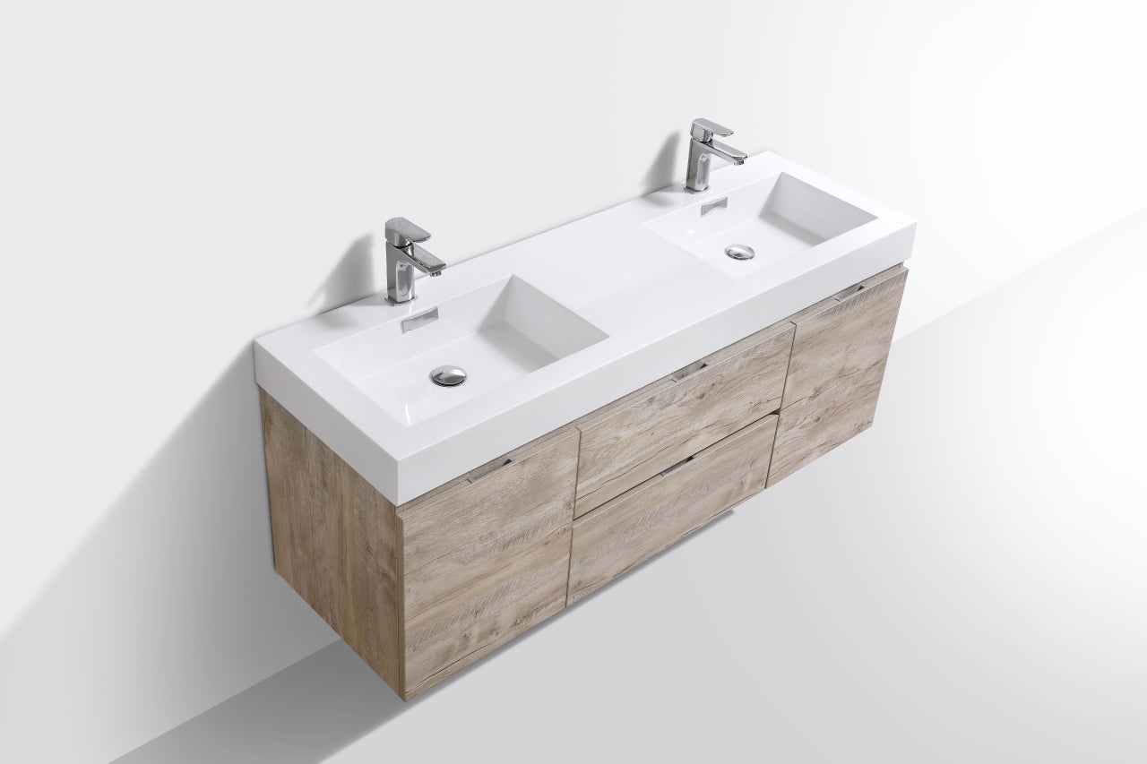 Bliss 60" Nature Wood Wall Mount  Double Sink Modern Bathroom Vanity
