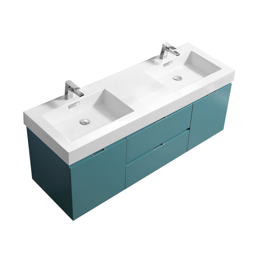 Bliss 60" Teal Green Wall Mount Double Sink Modern Bathroom Vanity