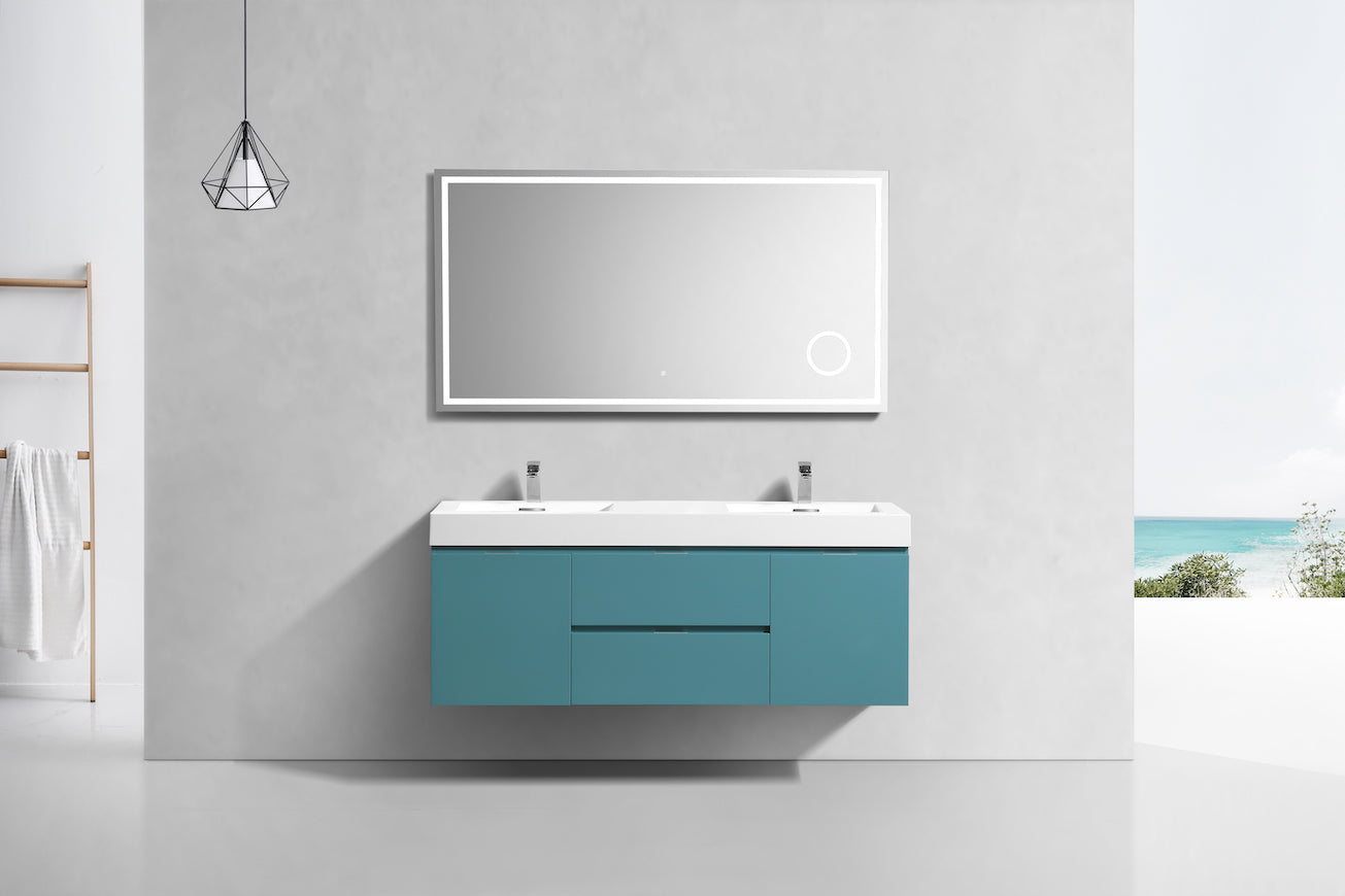 Bliss 60" Teal Green Wall Mount Double Sink Modern Bathroom Vanity
