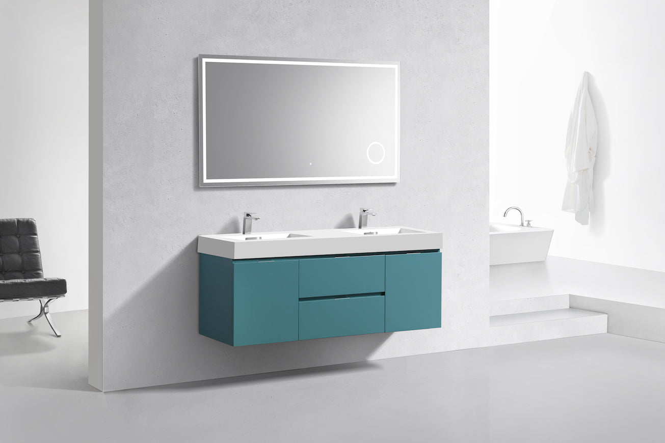 Bliss 60" Teal Green Wall Mount Double Sink Modern Bathroom Vanity