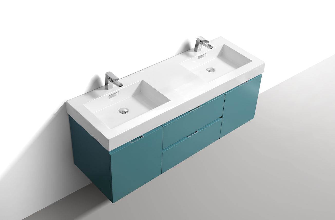 Bliss 60" Teal Green Wall Mount Double Sink Modern Bathroom Vanity