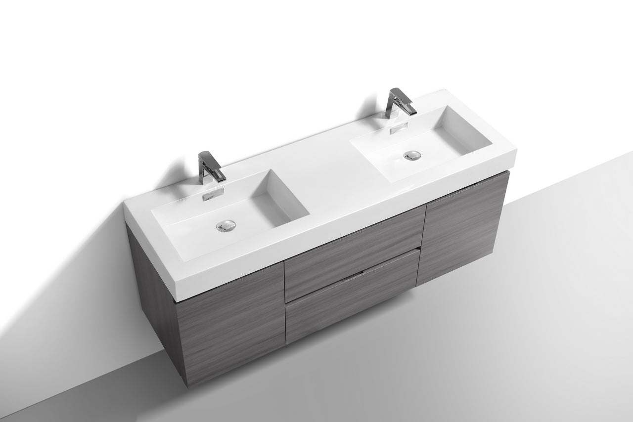 Bliss 60" Vulcan Ash Grey Wall Mount  Double Sink Modern Bathroom Vanity