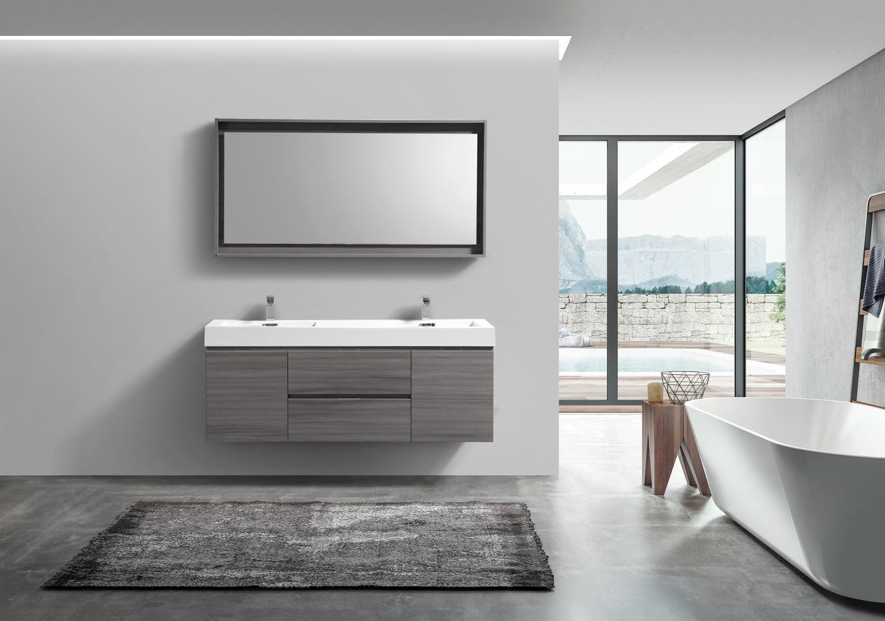 Bliss 60" Vulcan Ash Grey Wall Mount  Double Sink Modern Bathroom Vanity