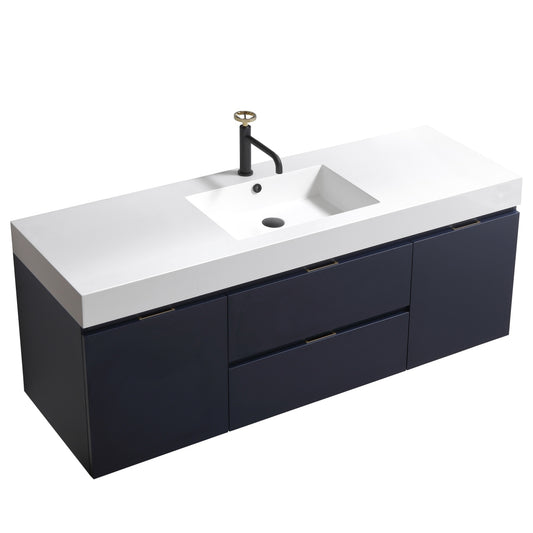 Bliss 60" Navy Blue Wall Mount  Single Sink Modern Bathroom Vanity