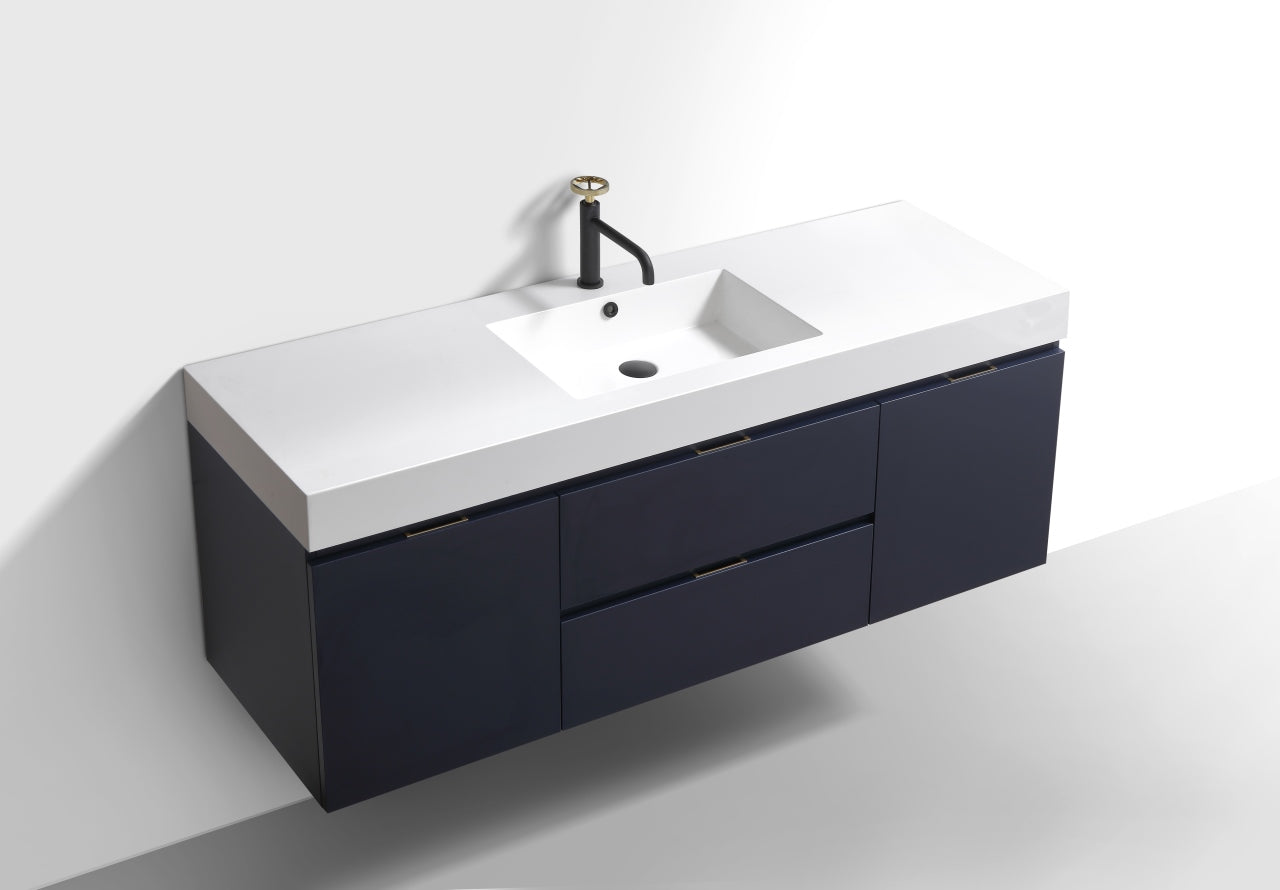 Bliss 60" Navy Blue Wall Mount  Single Sink Modern Bathroom Vanity