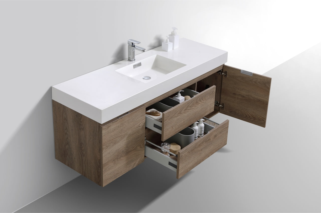 Bliss 60" Butternut Wood Wall Mount Single Sink Modern Bathroom Vanity