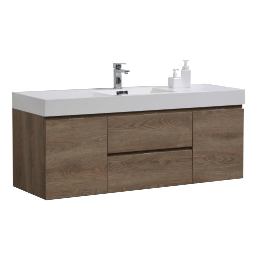 Bliss 60" Butternut Wood Wall Mount Single Sink Modern Bathroom Vanity