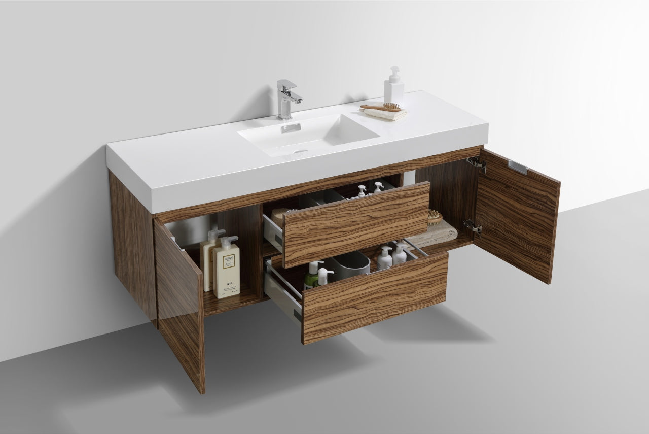 Bliss 60" High Glossy Chestnut Wood Wall Mount  Single Sink Modern Bathroom Vanity