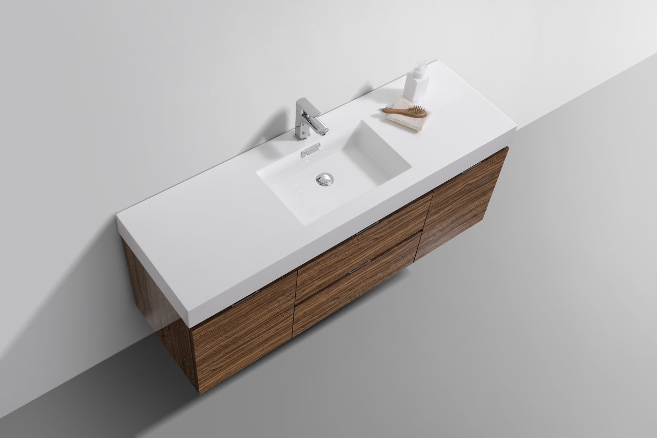 Bliss 60" High Glossy Chestnut Wood Wall Mount  Single Sink Modern Bathroom Vanity