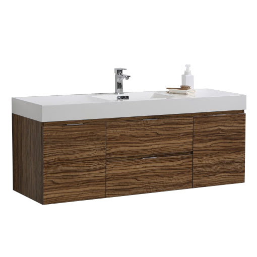 Bliss 60" High Glossy Chestnut Wood Wall Mount  Single Sink Modern Bathroom Vanity