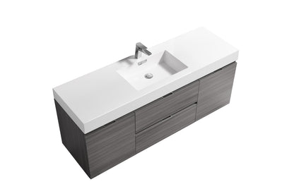 Bliss 60" Vulcan Ash Grey Wall Mount  Single Sink Modern Bathroom Vanity