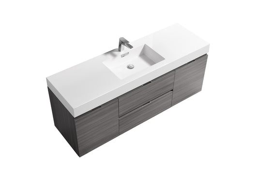 Bliss 60" Vulcan Ash Grey Wall Mount  Single Sink Modern Bathroom Vanity