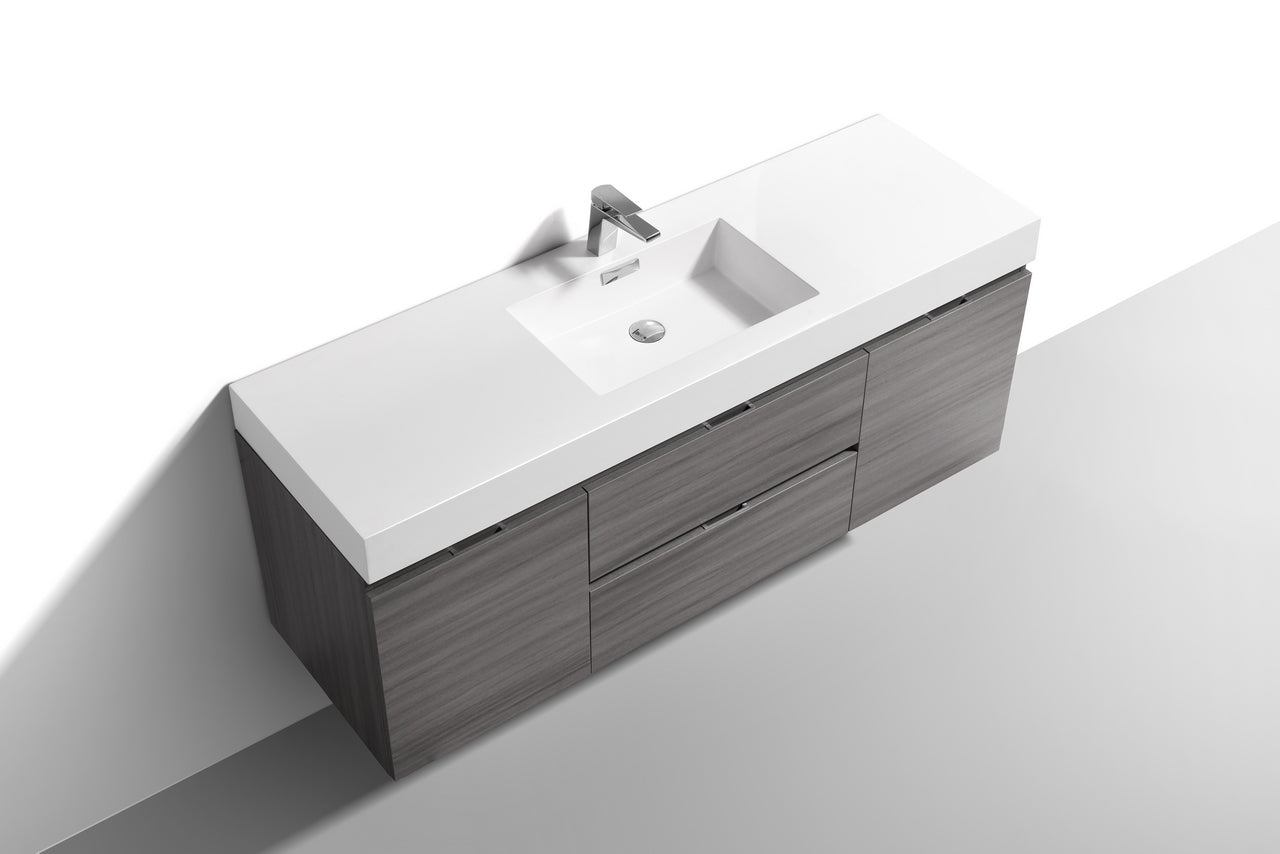 Bliss 60" Vulcan Ash Grey Wall Mount  Single Sink Modern Bathroom Vanity