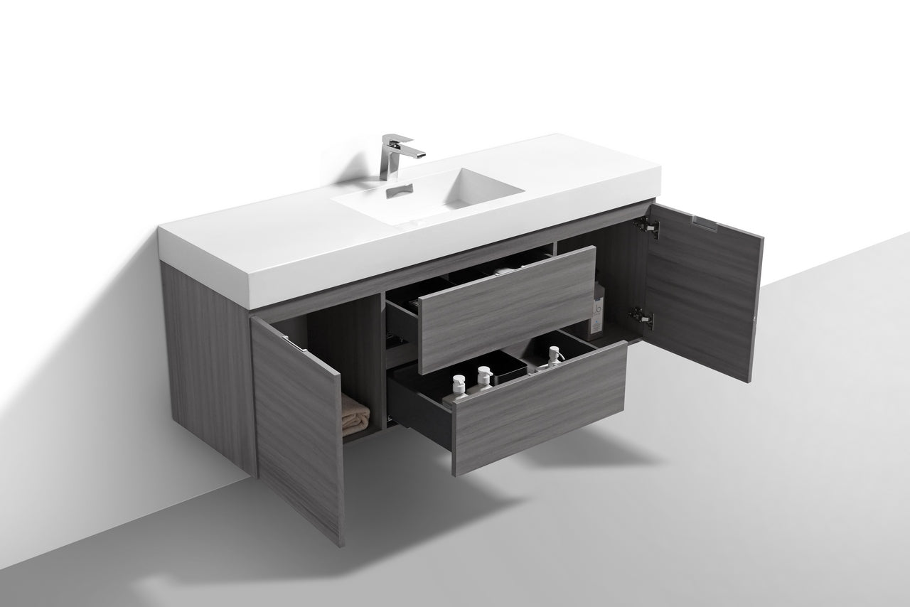 Bliss 60" Vulcan Ash Grey Wall Mount  Single Sink Modern Bathroom Vanity